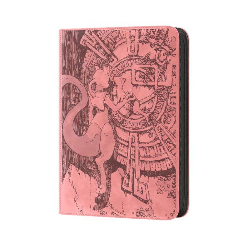 May include: A rectangular zippered binder with a pink cover featuring a dark brown line art illustration of a bipedal creature with a long tail standing before a large circular stone-like structure with intricate geometric carvings and patterns.