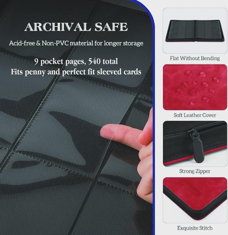 Pu&ograve; includere: Raccoglitore di carte nero con tasche trasparenti, progettato per l'archiviazione. Presenta una morbida copertina in pelle rossa e una robusta cerniera. Il raccoglitore contiene 540 carte su 9 pagine ed &egrave; privo di acidi.