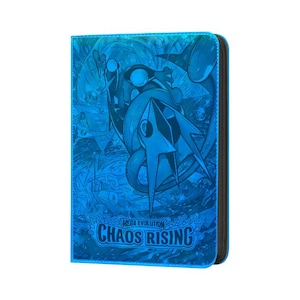 May include: A blue card binder with a wraparound illustration of a stylized creature. The binder has the text "MEGA EVOLUTION CHAOS RISING" in white. The binder is closed with a black zipper.