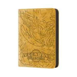 May include: A mustard yellow zippered trading card binder featuring a black line art illustration of three bird-like creatures and the text LEGENDARY COLLECTION embossed in a circular emblem on the front cover of the rectangular storage case.