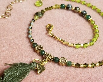 Virgo for Love! Astrology necklace with peridot, pyrite, aventurine, Swarovski crystal, black lace agate. 24k gold or silver. Original art.