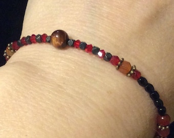 Aries Astrology bracelet! Delicate, thin and stackable. Carnelian beads, red swarovski crystal, red tiger eye, 24 gold plate, silver, brass