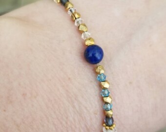 Cancer astrological bracelet: pearl, chalcedony, blue swarovski, lapis, crystal, silver, 24k gold plated