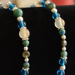 Gemini Astrological Bracelet for communication and quick thinking! Includes chrysocolla, white agate, bi-colored tourmaline and czech glass