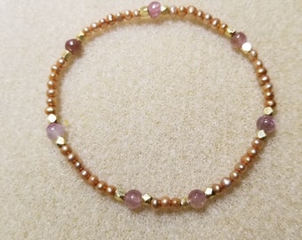 Libra Pearl Bracelet for Love and creativity! REAL, peach colored fresh water pearls, pink tourmaline. Dainty, feminine, skinny, stackable