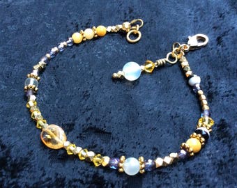 Gemini Bracelet for quick thinking! Citrine, Swarovski crystal, moonstone, serpentine and white agate! 24k gold or silver.