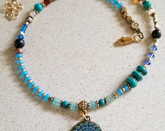 Aquarius for Love! Astrological necklace with turquoise, amber, Swarovski crystal and black pearl. Rare 1970's focal. 24k gold or silver.