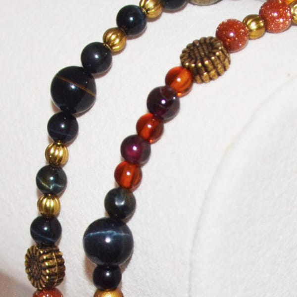 Leo astrological Qabalistic Blue Tigereye necklace! Pyrite, amber, garnet, goldstone. Kabbalah Qabalah Qabbalah Kabbalistic necklace
