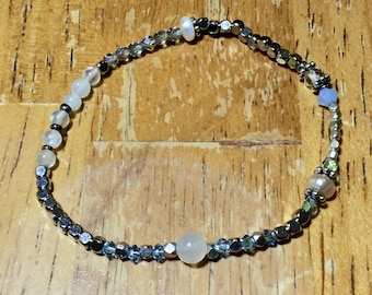 Cancer astrological bracelet with fresh water pearls, chalcedony, blue swarovski, rainbow moonstone