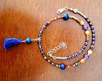 Sagittarius for Love! Astrological necklace. Amethyst, Swarovski crystal, orange agate, blue druzy focal with tassel. 24k gold or silver.