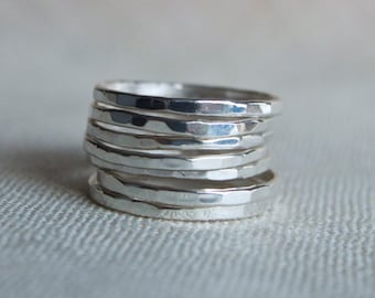 Sterling silver, hammered stacking rings.Set of 7.