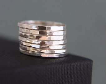 Sterling silver stacking rings, hammered rustic rings.