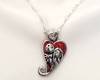 Nightmare Before Christmas Necklace, Jack and Sally, Goth, Heart Charm, Crystal Jewelry