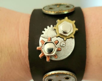 Steampunk Cuff, Gearhead, Industrial, Leather Jewelry, Rocker, Biker, Adjustable Bracelet