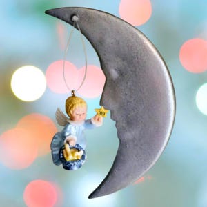 Engel Ornament, Mond, Konstellationen, Himmelskörper, Vintage Hallmark Miniature Ornament, Silbermond, Blauer Weihnachtsdekor