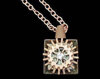 Copper Pendant, Steampunk Pendant, Gears, Biker, Industrial Jewelry, Copper Colored Necklace