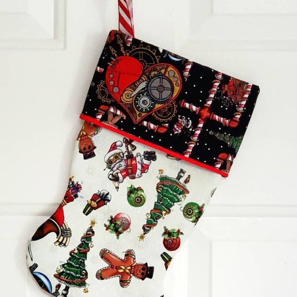 Steampunk Christmas Stocking, Vintage Tin Toys, Retro Holiday Decor, Santa, Mechanical Heart, Black & White Stocking