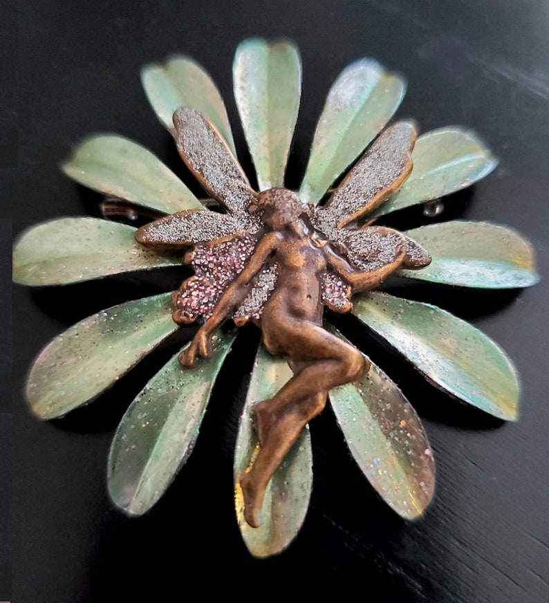Fantasy Vintage Bronze Stamping Nymph Floral Jewelry Daisy Fairy Pin LARP Nude Fae Folk