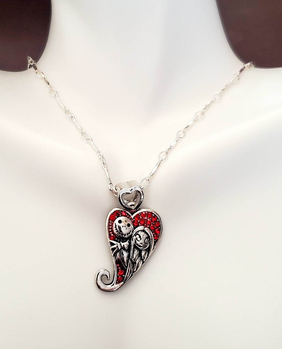 Nightmare Before Christmas Necklace, Jack and Sally, Goth, Heart Charm