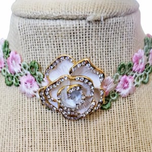 Floral Choker, White Rose, Spring Formal, Pink Choker, Bridgerton, Fairy, Princess, Enamel & Rhinestone Jewelry, Easter, Prom