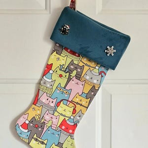 Cat Christmas Stocking, Pet Sitter, Cats in Santa Hats, Multicolored Stocking, Cat Lover, Cat Lady Stocking