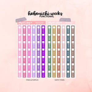 Peut inclure: Deux ensembles d'autocollants de planificateur hebdomadaire colorés pour Hobonichi Weeks. Le premier ensemble est dans des tons de rose et de violet, et le second ensemble est dans des tons terre. Chaque ensemble comporte sept bandes verticales avec les jours de la semaine étiquetés : lundi, mardi, mercredi, jeudi, vendredi, samedi et dimanche.