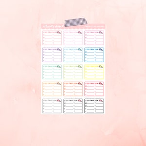 May include: A set of 15 colourful weekly step tracker stickers with a running shoe graphic. Each sticker has a space to write in the number of steps taken each day of the week.