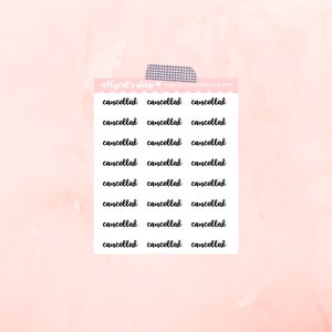 May include: A sheet of printable stickers with the word "cancelled" written in cursive script, repeated multiple times.