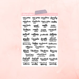 May include: A pink background with black text listing various holidays and events. The text includes "new years eve", "valentines day", "st patricks day", "april fools day", "victoria day", "patriot day", "pride month", "international woman's day", "veterans day", "black friday", "saint-jean baptiste day", "daylight savings fall back", "first day of autumn", "new years day", "good friday", "mardi gras", "mother's day", "canada day", "labour day", "grandparents day", "christmas eve", "christmas day", "national day of truth and reconciliation", "daylight savings spring forward", "first day of winter", "groundhogs day", "earth day", "cinco de mayo", "juneteenth", "fourth of july", "halloween", "remembrance day", "thanksgiving day", "boxing day", "hanukkah begins", "first day of spring", "lunar new year", "hanukkah ends", "first day of summer", "family day", "martin luther king jr day", "civic holiday", "memorial day", "father's day", "indigenous people day".
