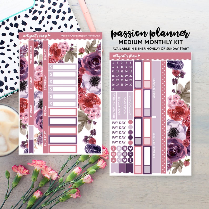 MEDIUM Passion Planner kit Burgundy Blooms Monthly Kit