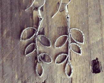 Silver Branch Earrings - Silver Filigree Leaf Earrings on Sterling Earring Hooks