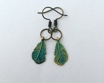 Antique Brass Verdigris Green Feather Earrings