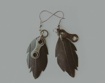 Urban Up-Cycled Bicycle Tire Feather Earrings - Bike Chain Jewelry