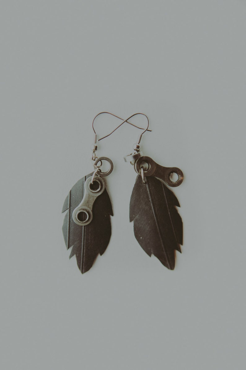 Urban Up-Cycled Bicycle Tire Feather Earrings Bike Chain Jewelry image 1