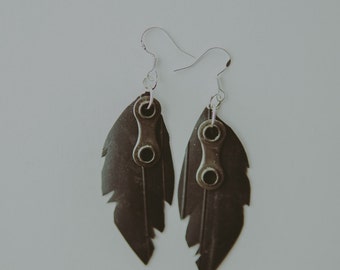 Urban Up-Cycled Bicycle Tire Feather Earrings - Bike Chain Jewelry