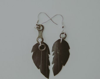 Asymetrical Bicycle Tire Feather Earrings - Bike Chain Jewelry