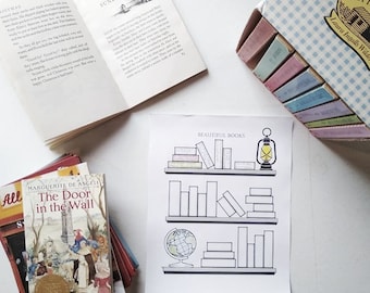 Può includere: Un foglio di lavoro stampabile con il titolo "Beautiful Books" che presenta un'illustrazione in bianco e nero di una libreria con tre ripiani. Lo scaffale superiore ha una pila di libri e una lanterna gialla. Lo scaffale intermedio ha una pila di libri. Lo scaffale inferiore ha un globo terrestre e una pila di libri.