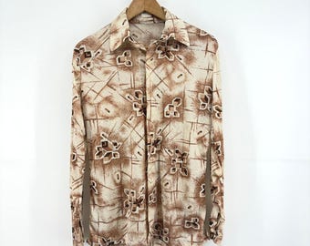 Brutalist Geometric Abstract Print Nylon Disco Shirt Tan Cream Mens M S Vintage