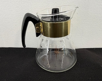 Vintage Pyrex Atomic Starburst Coffee Carafe Gold MCM Glass Server with Lid