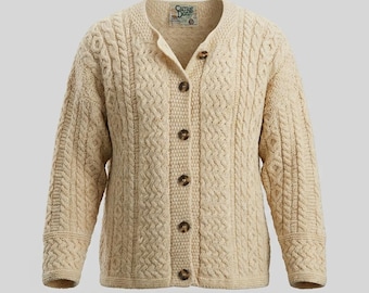 Carraig Donn Aran Vintage Wool Cable Knit Cardigan Sweater Mens L XL Ireland 90s