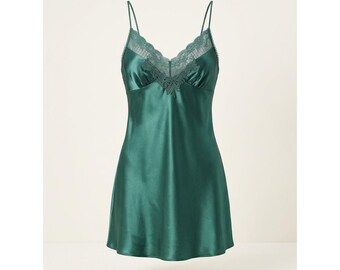 Victorias Secret Emerald Green Lace Mini Slip Dress L Chemise Vintage Pink Heart