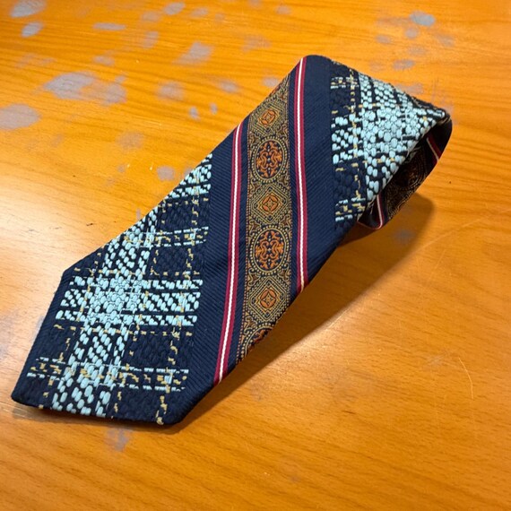 Vintage 80s Robertsons Mens Wide Neck Tie Blue Brown Patterned Striped Plaid