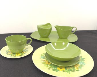 Brookpark Come Hither Melamine Green Floral Set VTG MCM 39pc Lot Creamer Sugar