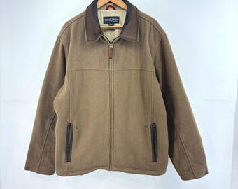 Woolrich Mens Large Dark Wheat Wool Blend Leather Trim Full Zip Jacket Vintage