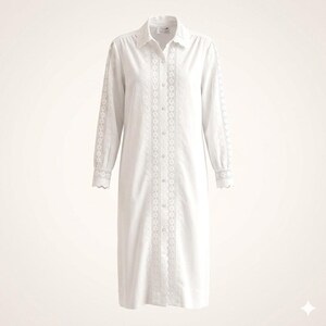 May include: A long-sleeved white shirt dress featuring a button-down front, a classic collar, and intricate vertical lace detailing running down the center and along the sleeves. The cuffs are finished with a scalloped edge and lace trim.