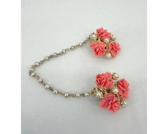Vintage Sweater Guard Cardigan Clips Coral Pink Rose Floral Faux Pearl Gold Tone
