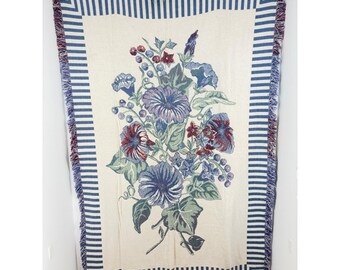 Cotton Floral Woven Tapestry Throw Blanket Blue Morning Glory Striped Vintage
