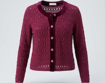 Coldwater Creek Red Velvet Trim Crochet Cardigan Sweater Whimsigoth Cottage M