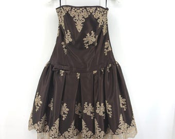 Jessica McClintock Brown Satin Strapless Embroidered Lace Dress 8 Vintage 90s