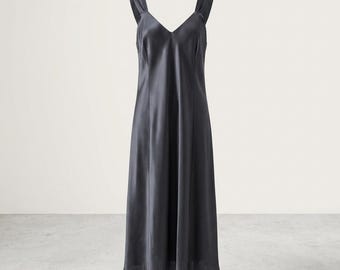Black Satin Midi Nightgown Slip Dress Womens M Vintage Fairycore Goth Silky NEW